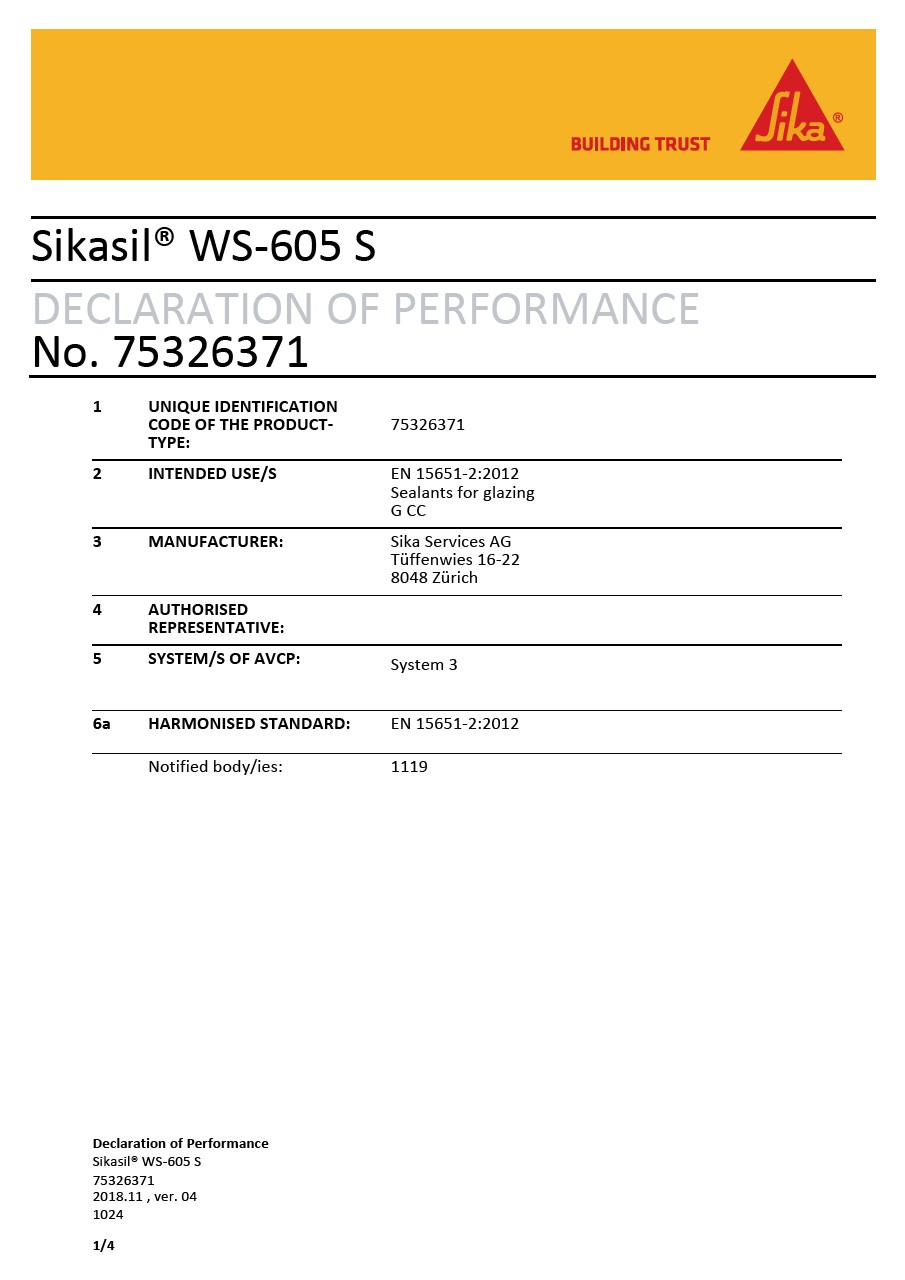CE DOP -Sikasil®WS -605 S- EN 15651-2
