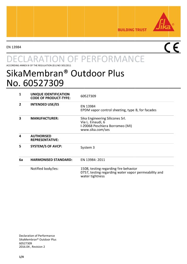 CE DoP - SikaMembran®Outdoor Plus - EN 13984