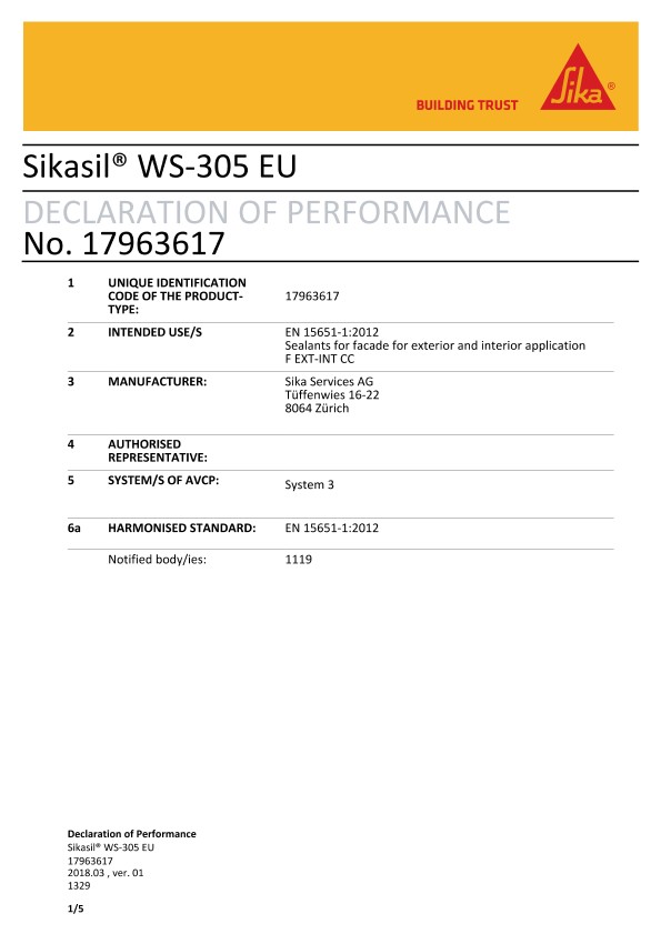 CE DoP - Sikasil®WS-305 EU - EN 15651-1:2012