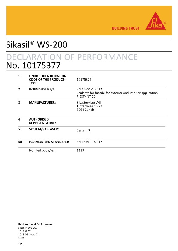 CE DoP - Sikasil®WS-200 - EN 15651-1:2012