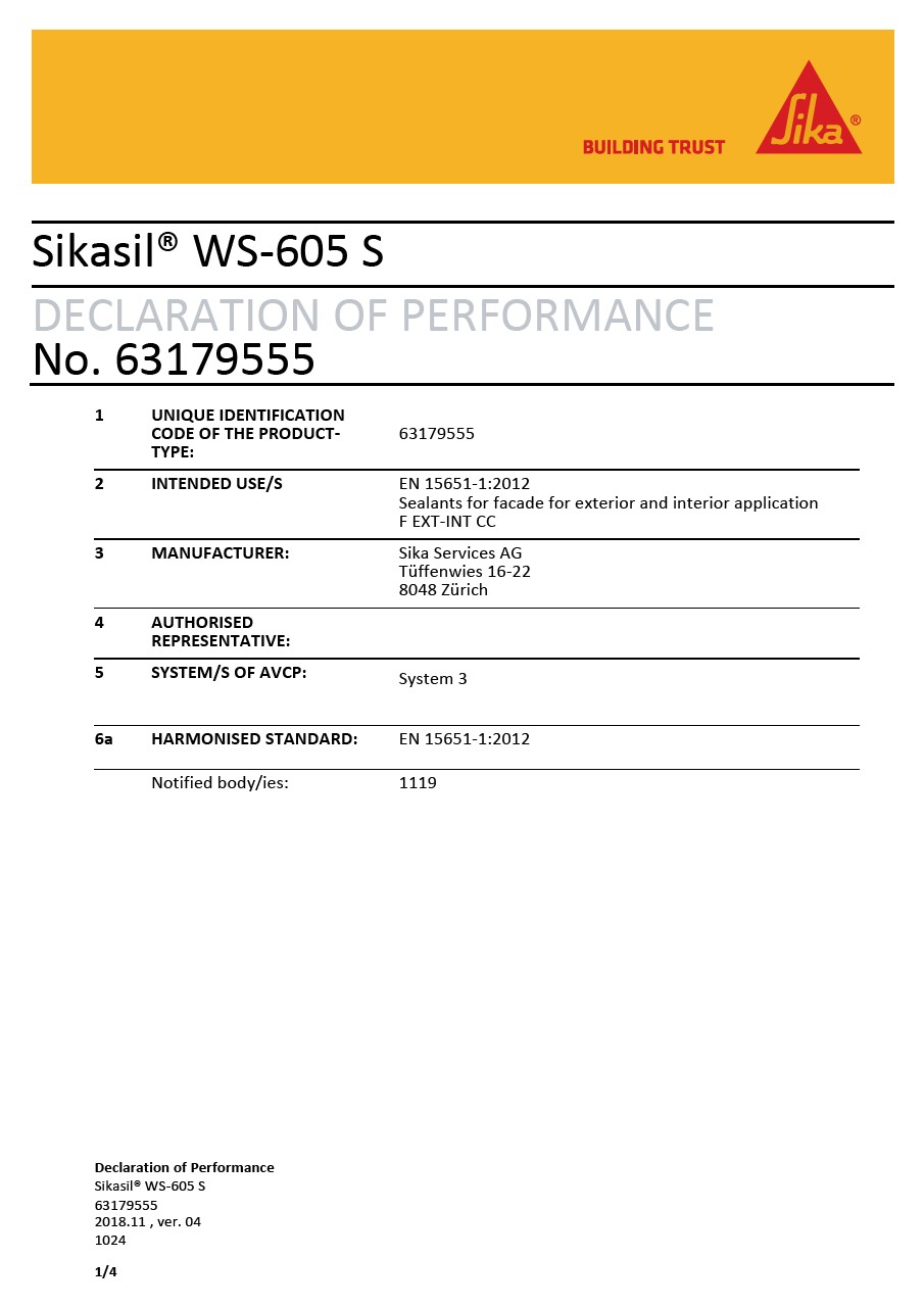 CE DOP -Sikasil®WS -605 S- EN 15651-1